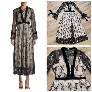 Haute Rogue Delaware Floral Embroidered Black Mesh
Velvet Trim Dress.